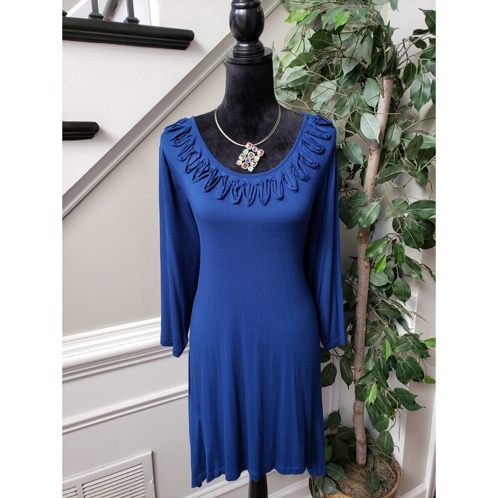 Design Story Tunic Top Womens 2X Blue Soutache Detail Handkerchief Hem Pullover